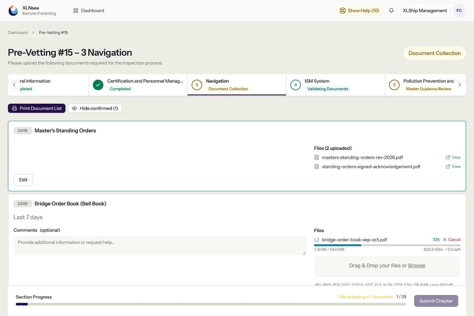 Chapter document collection: one document uploaded and confirmed, the next one’s file uploading at 28% over a slow connection