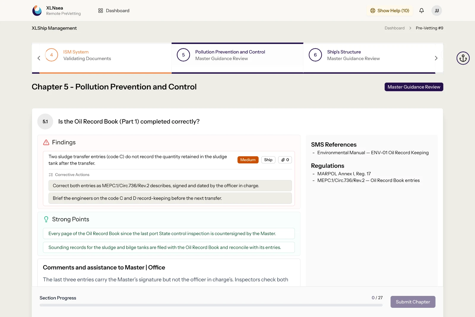 Question 5.1 awaiting the Master’s confirmation: a finding with its corrective actions, two strong points, the SMS reference and the regulations