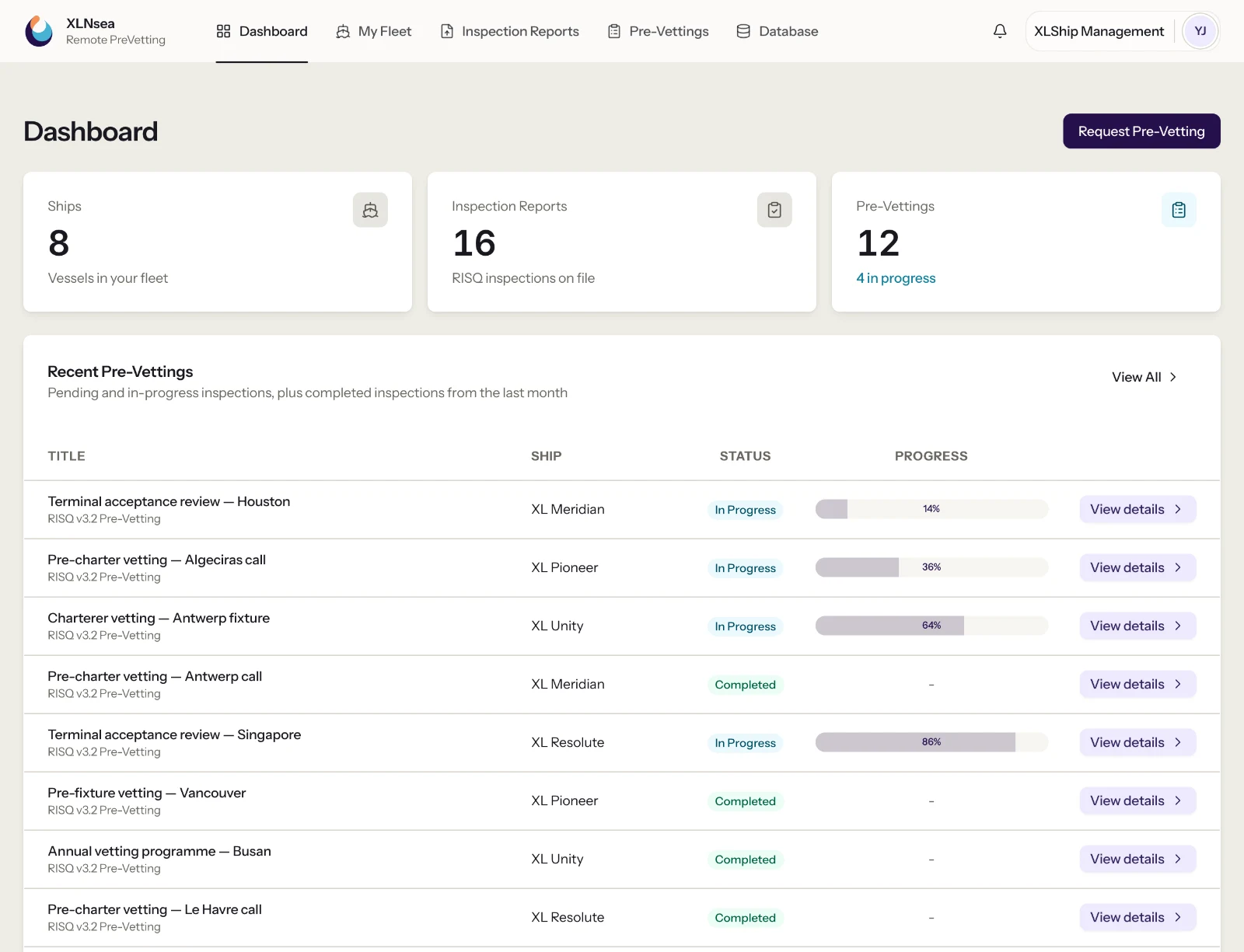 XLNsea manager dashboard — fleet vessels, inspection reports on file and open Pre-Vettings with their progress