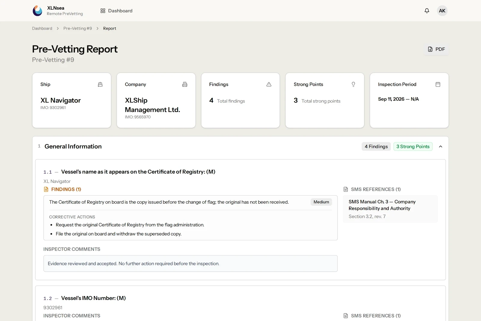 Pre-Vetting report with findings and strong points per chapter, ready to print as a PDF