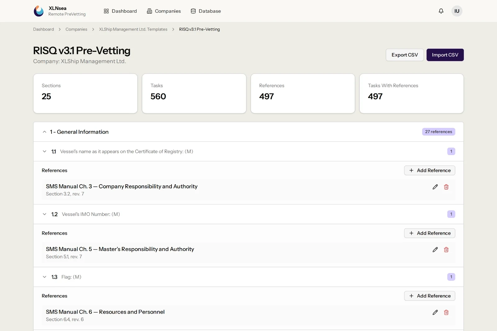 Company template screen listing RISQ questions with the SMS manual section mapped to each one