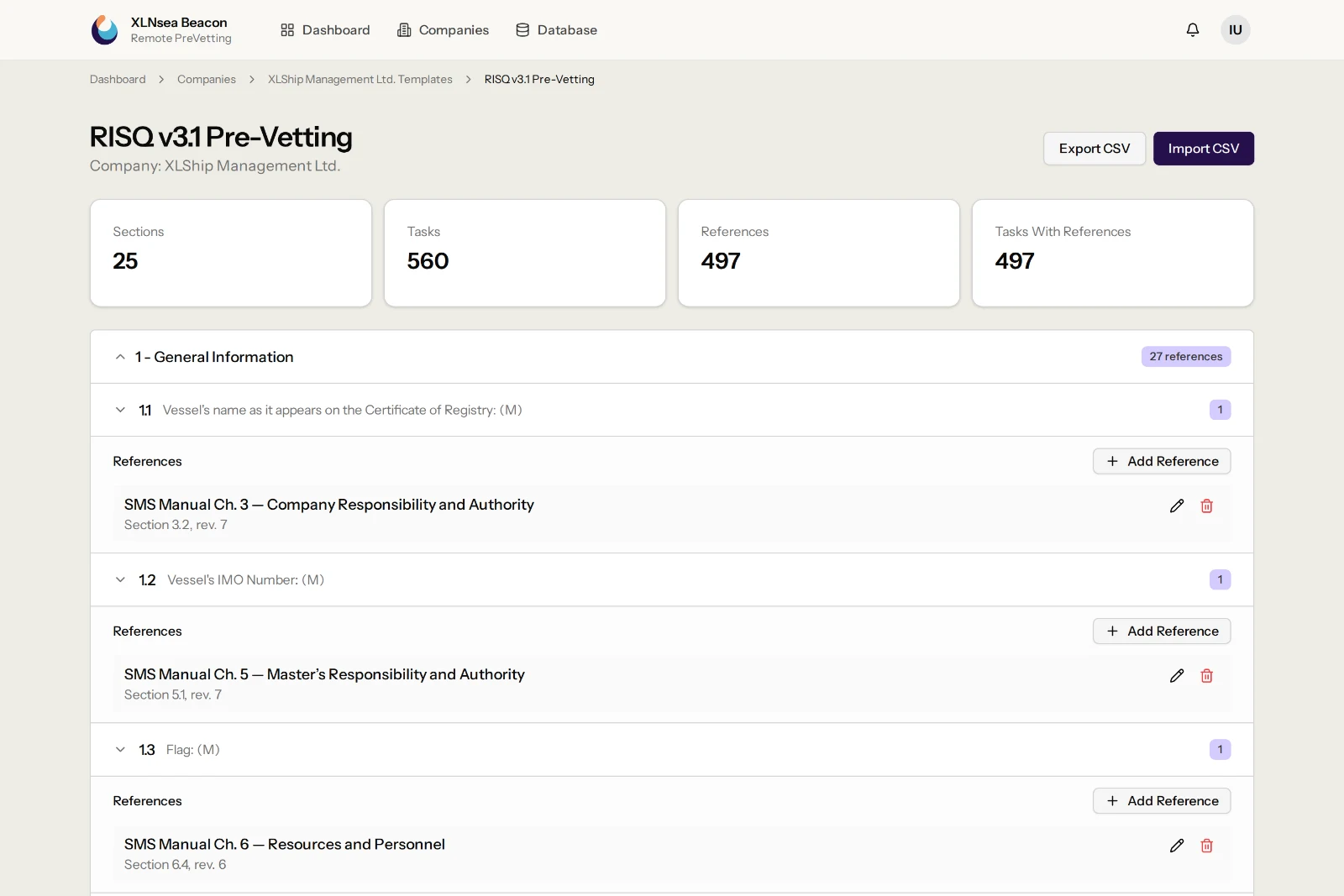 Company template screen listing RISQ questions with the SMS manual section mapped to each one